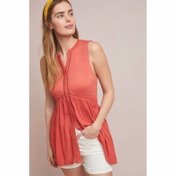Anthropologie Nia Burnt Orange Ladder Stitch Boho Button Down Tunic Top Sz XS - Picture 2 of 12